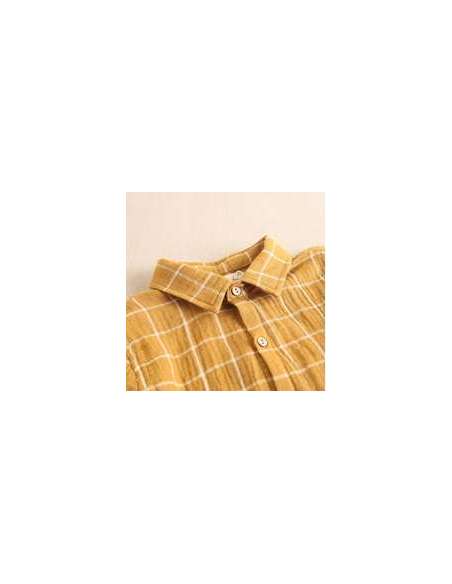 Camisa de niño de cuadros mostaza y blanco cuello clásico