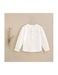 Camisa manga larga de niño de cuello mao blanca de bambula