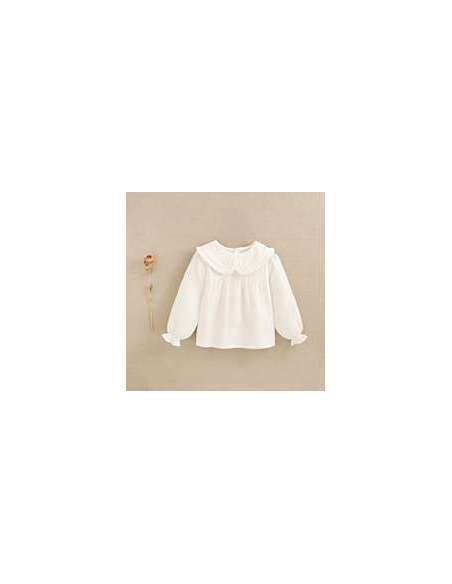 Blusa manga larga de niña en blanco con cuello Peter Pan