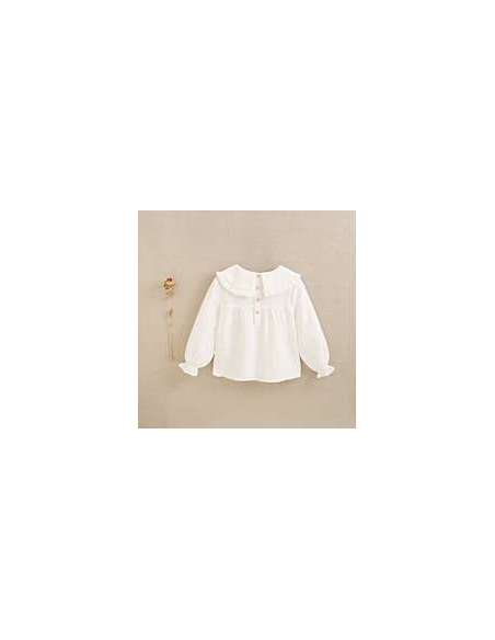 Blusa manga larga de niña en blanco con cuello Peter Pan